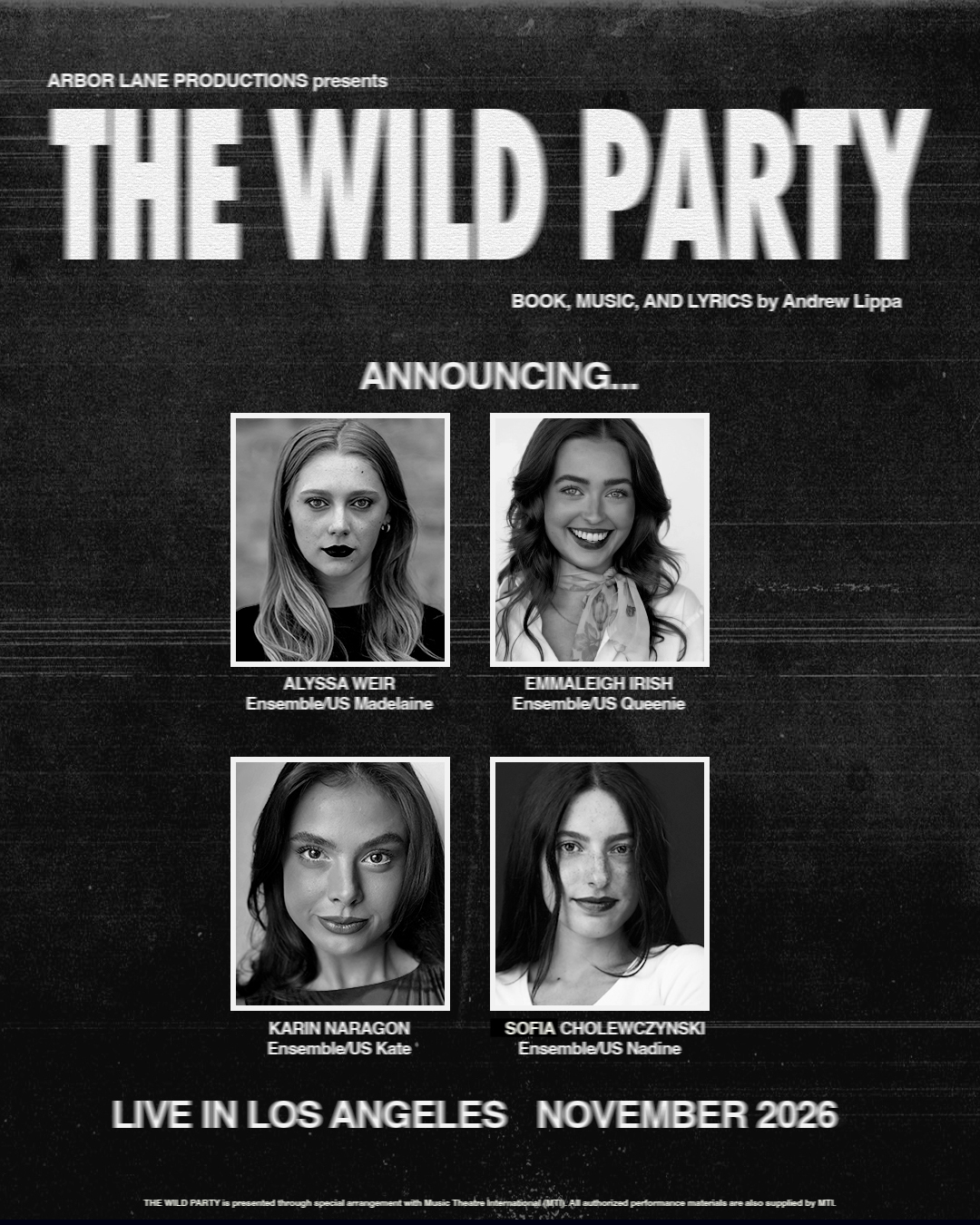 Cast announcement featuring Alyssa Weir, Emmaleigh Irish, Karin Naragon, Sofia Cholewczynski. Names and roles are listed on this page.