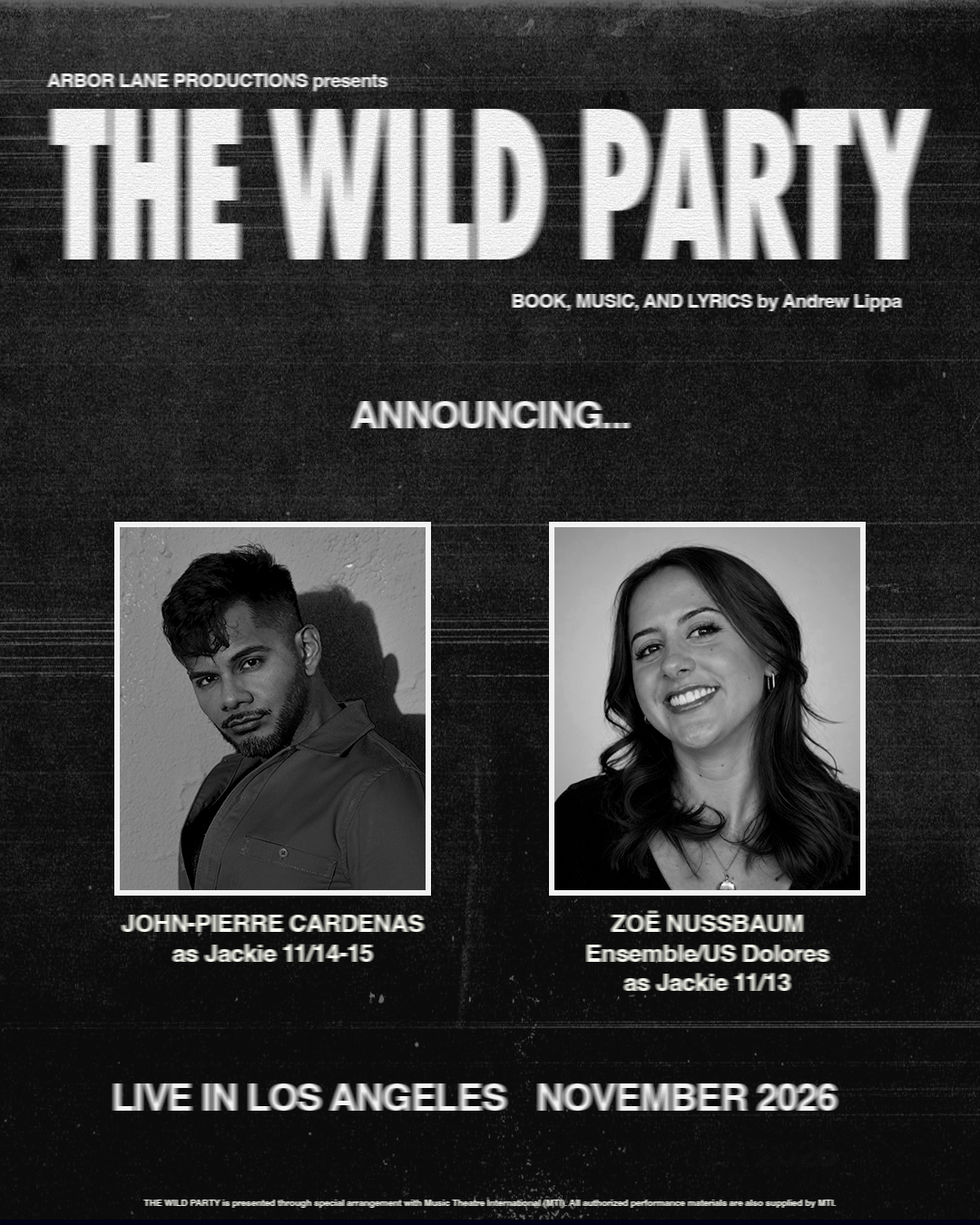 Cast announcement featuring John-Pierre Cardenas, Zoë Nussbaum. Names and roles are listed on this page.