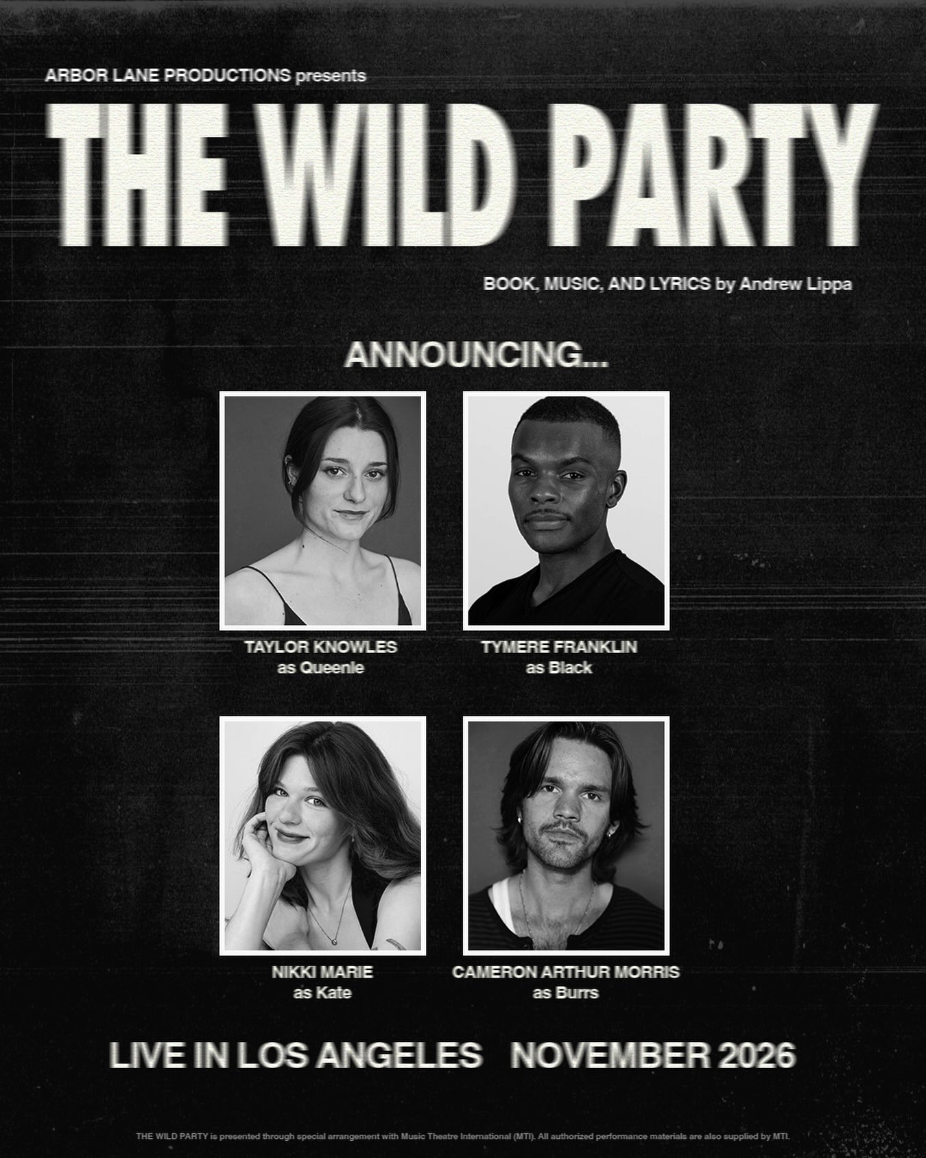 Cast announcement featuring Taylor Knowles, Cameron Arthur Morris, Tymere Franklin, Nikki Marie. Names and roles are listed on this page.